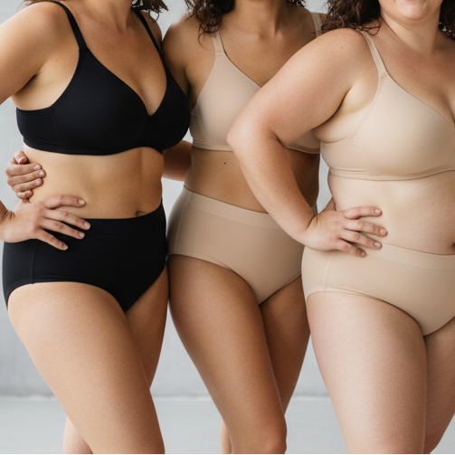 Made for real life – From XS to 4XL, designed for every body, show deifferent size models with different skin collor and wearing the different bras like brlak, nude, wihite, coffee etc and smiling so coffident